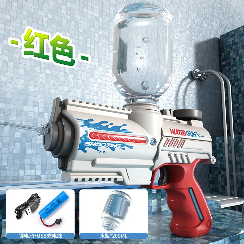 A white and red water gun with a clear tank is shown against a blue tiled background, demonstrating its features.