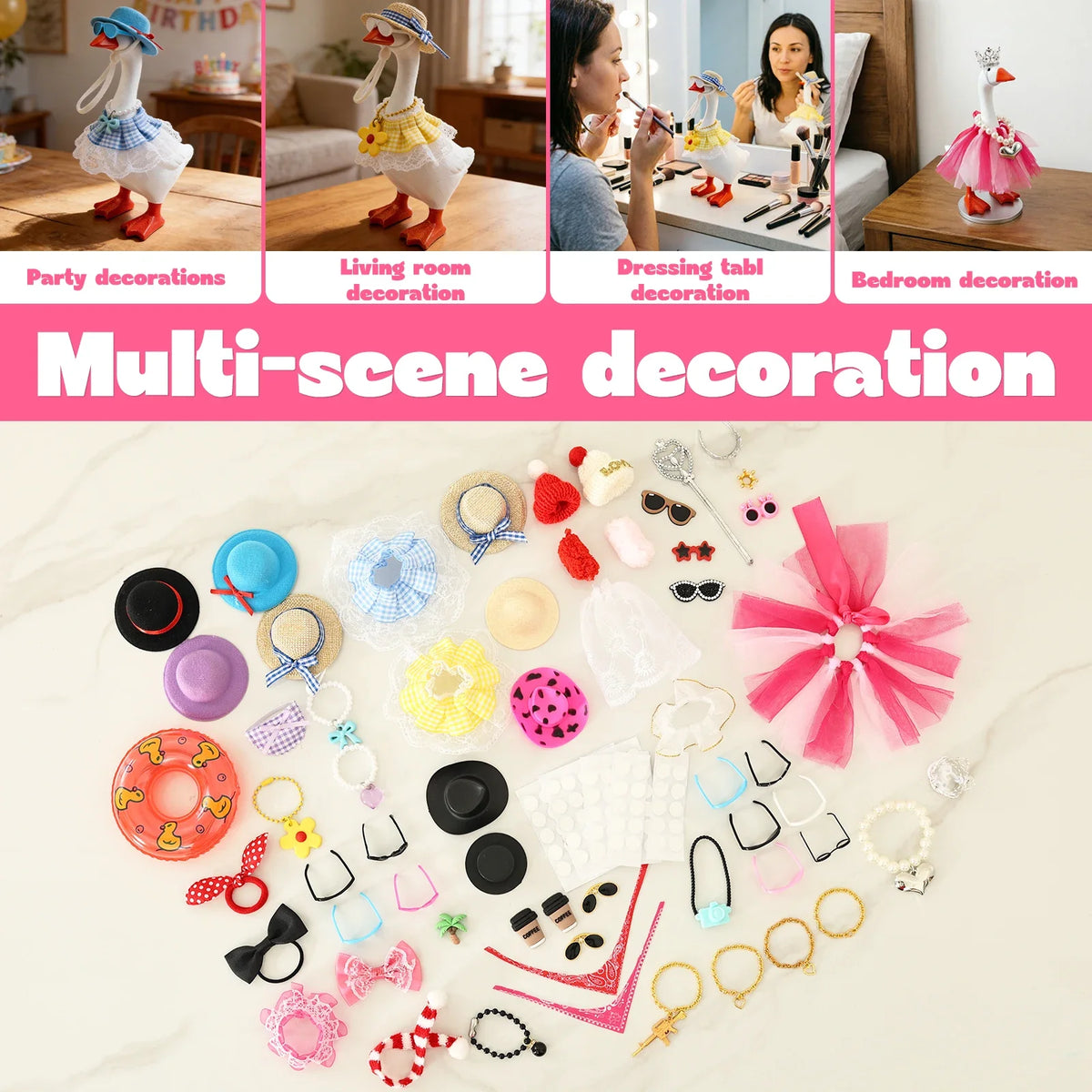 A collection of party decorations including goose figurines, hats, glasses, and various jewelry items.