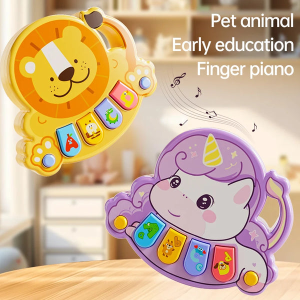 A yellow lion finger piano and a purple unicorn finger piano for early education