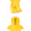 A yellow, smiling dinosaur plush toy with small green bumps and a soft texture.