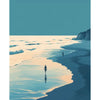 A person stands in shallow ocean water reflecting the sky and coastline during sunset.