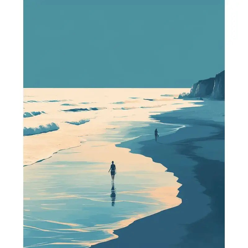 A person stands in shallow ocean water reflecting the sky and coastline during sunset.