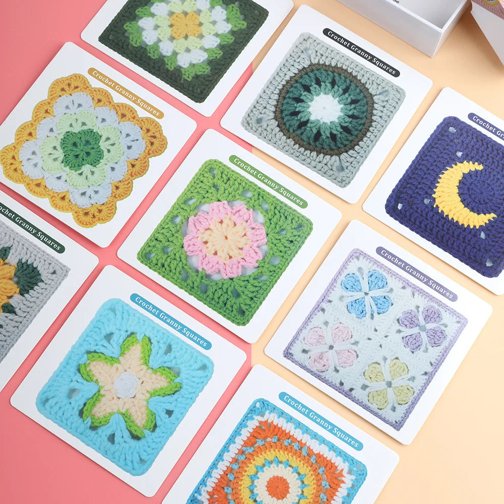 Collection de patrons de carrés granny à crocheter avec différents motifs floraux et géométriques dans des tons pastel et ter