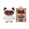 A plush toy of a cat with brown and white fur, packaged in a cardboard box labeled Fuggler Alley Cats.