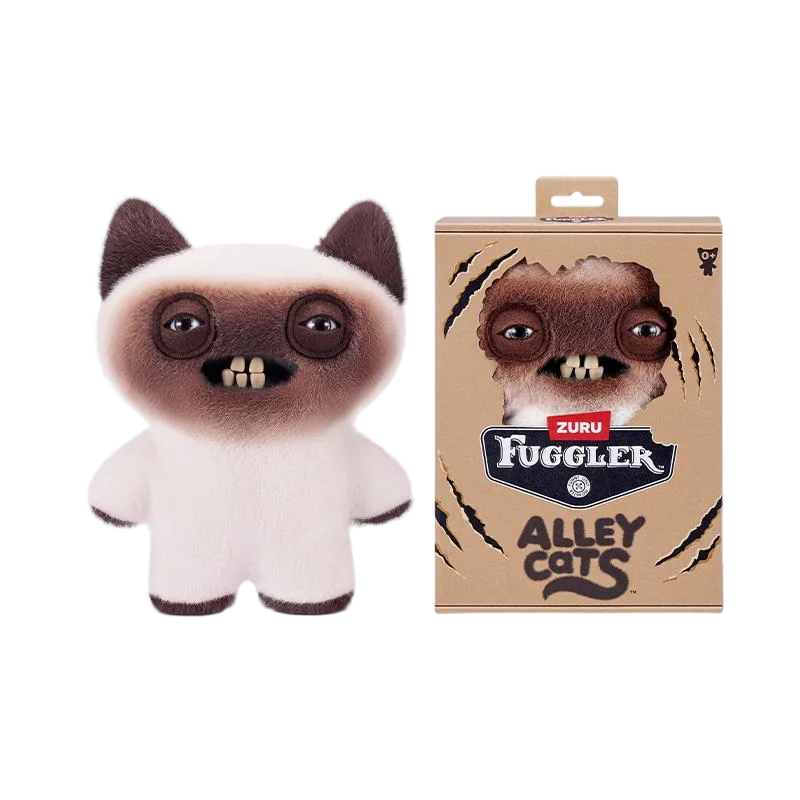 A plush toy of a cat with brown and white fur, packaged in a cardboard box labeled Fuggler Alley Cats.