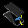 A clear protective case for a smartphone with an attached lanyard strap and yellow warning tape.