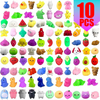 A collection of colorful squishy fidget toys and sensory stress relief toys in various shapes and colors.