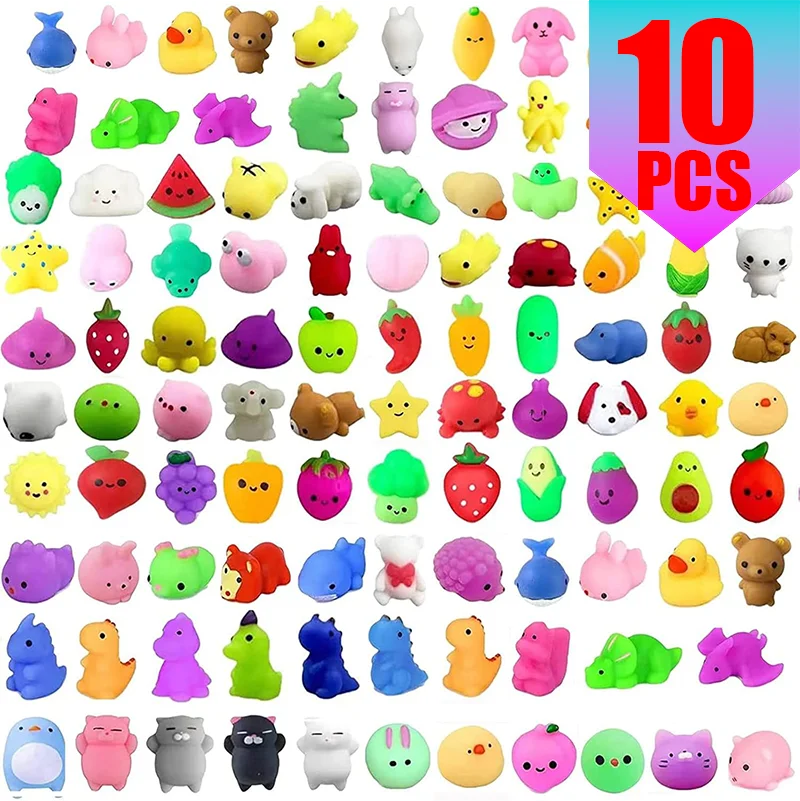 A collection of colorful squishy fidget toys and sensory stress relief toys in various shapes and colors.