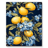 A painting of yellow lemons and blue flowers on a dark background.