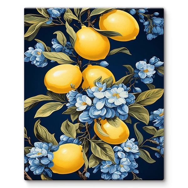 Et maleri av gule sitroner og blå blomster på en mørk bakgrunn.