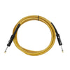 A coil of gold-colored professional instrument cable with black connectors and noise reduction shielding.
