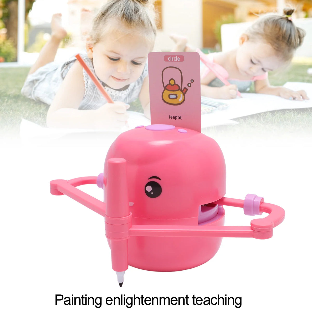A pink smart drawing robot toy with a teapot design is shown in the foreground, with children engaged in painting activities 