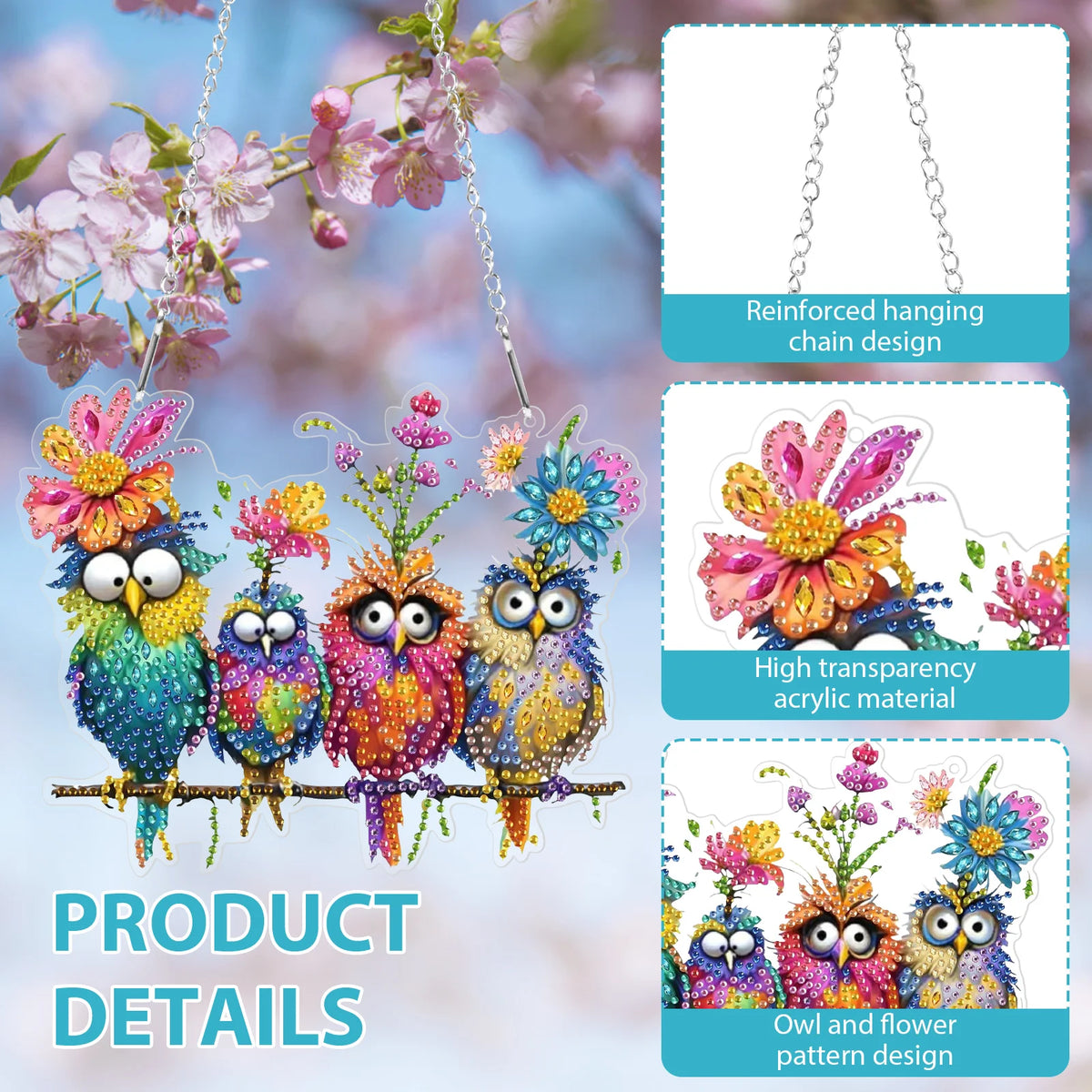 A hanging craft kit featuring an owl and flower pattern made from high transparency acrylic material.