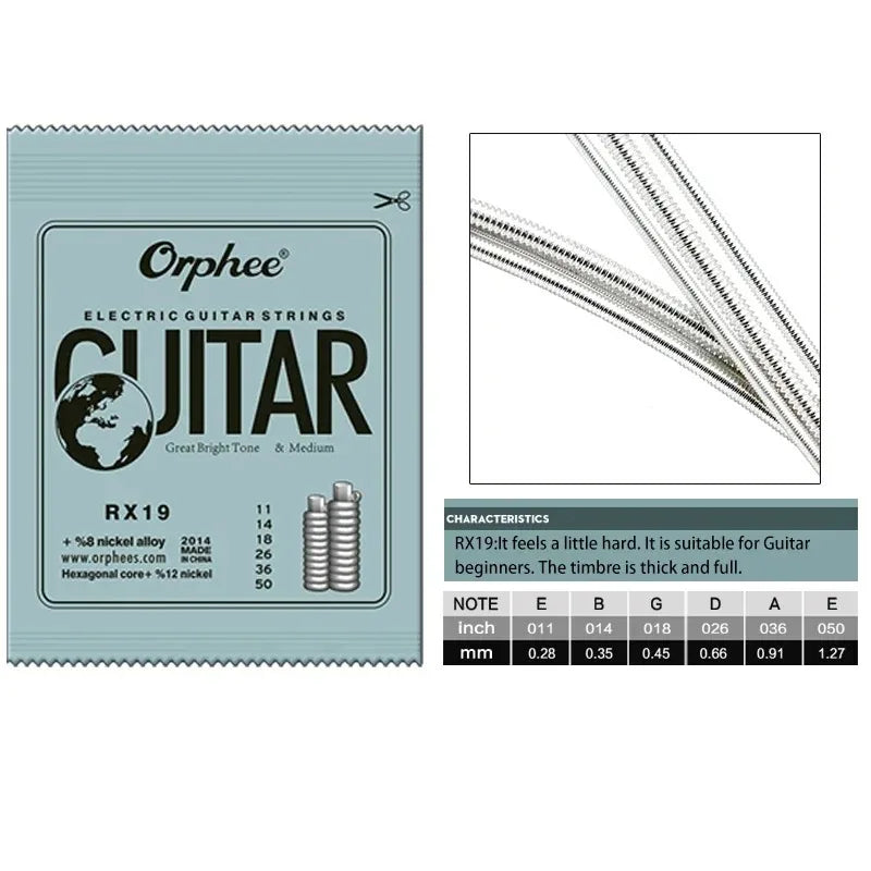 Packaging and diagram of Orphée RX19 electric guitar strings with nickel wound for guitar beginners