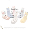 A size chart showing various sizes of cute cartoon animal non-slip socks for babies and toddlers.