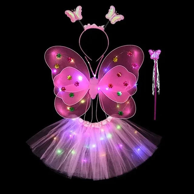 Pink LED butterfly costume set for girls featuring glowing wings, a skirt, and a wand.