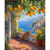 A painting of a cat resting on a stone ledge overlooking the sea and cliffs, surrounded by lush green foliage.