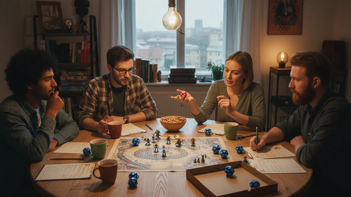 Four people gathered around a table playing tabletop role-playing games with a set of blue dice and game components.