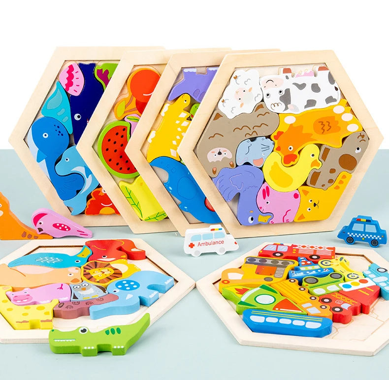 A collection of wooden 3D jigsaw puzzles featuring various animal shapes and colors for children.