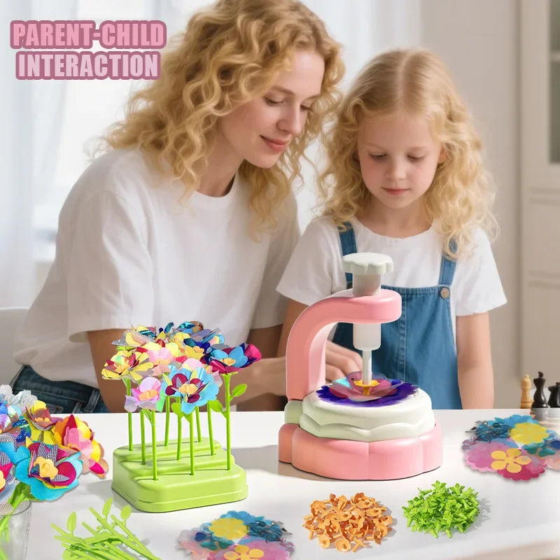 A parent and child are engaged in a fabric flower bouquet DIY craft kit using pink and green tools.
