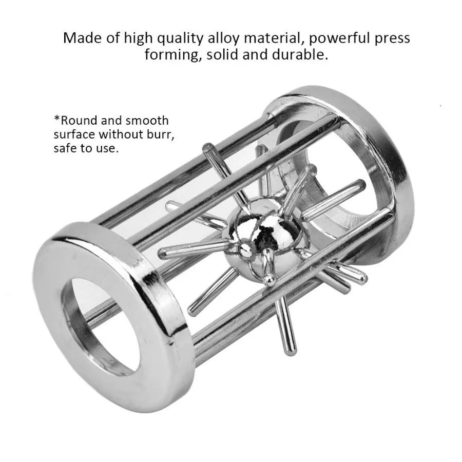 A silver stainless steel brain teaser puzzle lock set with a round, smooth surface and multiple protruding pins.