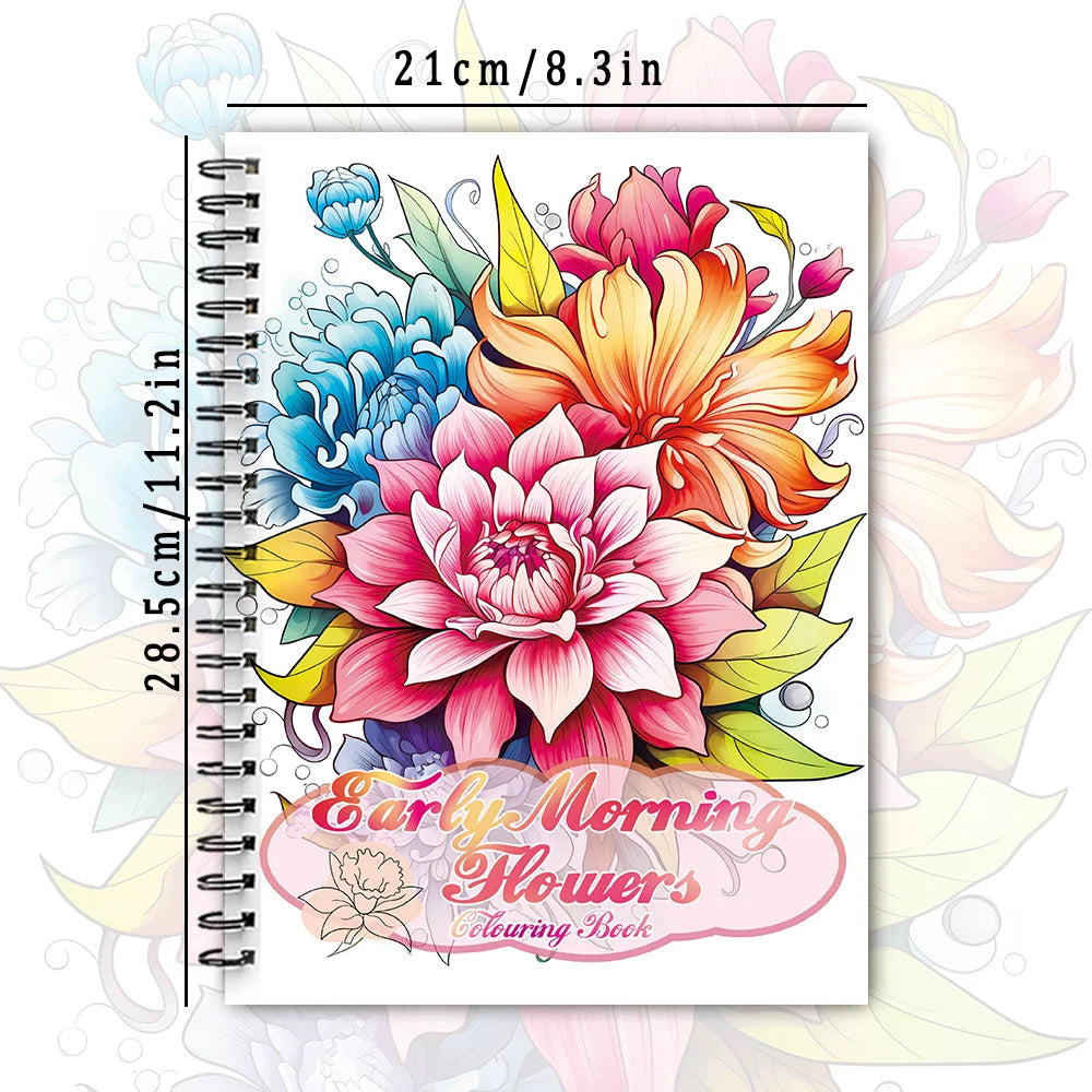A spiral-bound colouring book featuring detailed floral illustrations and a decorative title.
