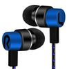 A pair of black and blue in-ear wired earbuds with a black cable.