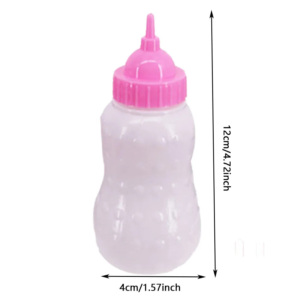 A clear plastic bottle with a pink cap and a purple feeding nipple, used as a doll feeding accessory.