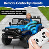 A blue electric ride-on truck for kids is shown with a white remote control being held by a hand.