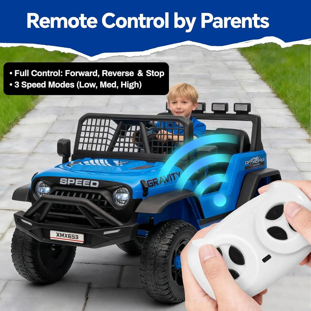 A blue electric ride-on truck for kids is shown with a parent remote control in the foreground.
