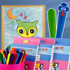 A set of little painter plastic crayons featuring owl designs in various colors and packaging.