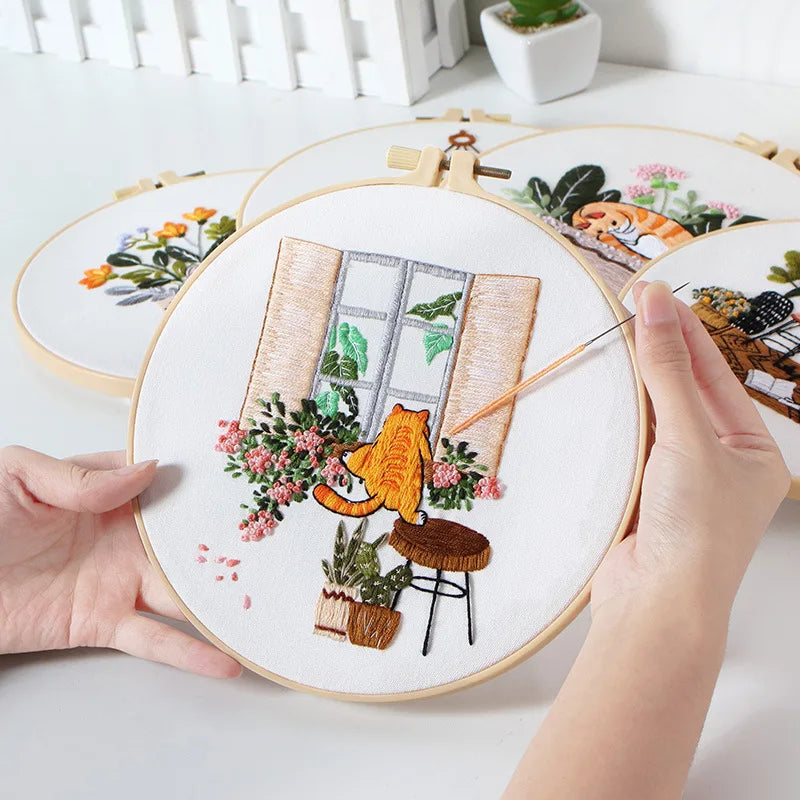 Beginner Embroidery Kit with Floral and Cat Patterns