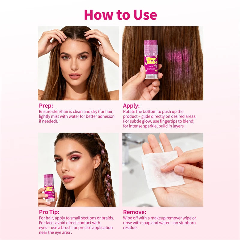 Instructions for using a sparkling body glitter stick showing preparation, application, and removal steps.