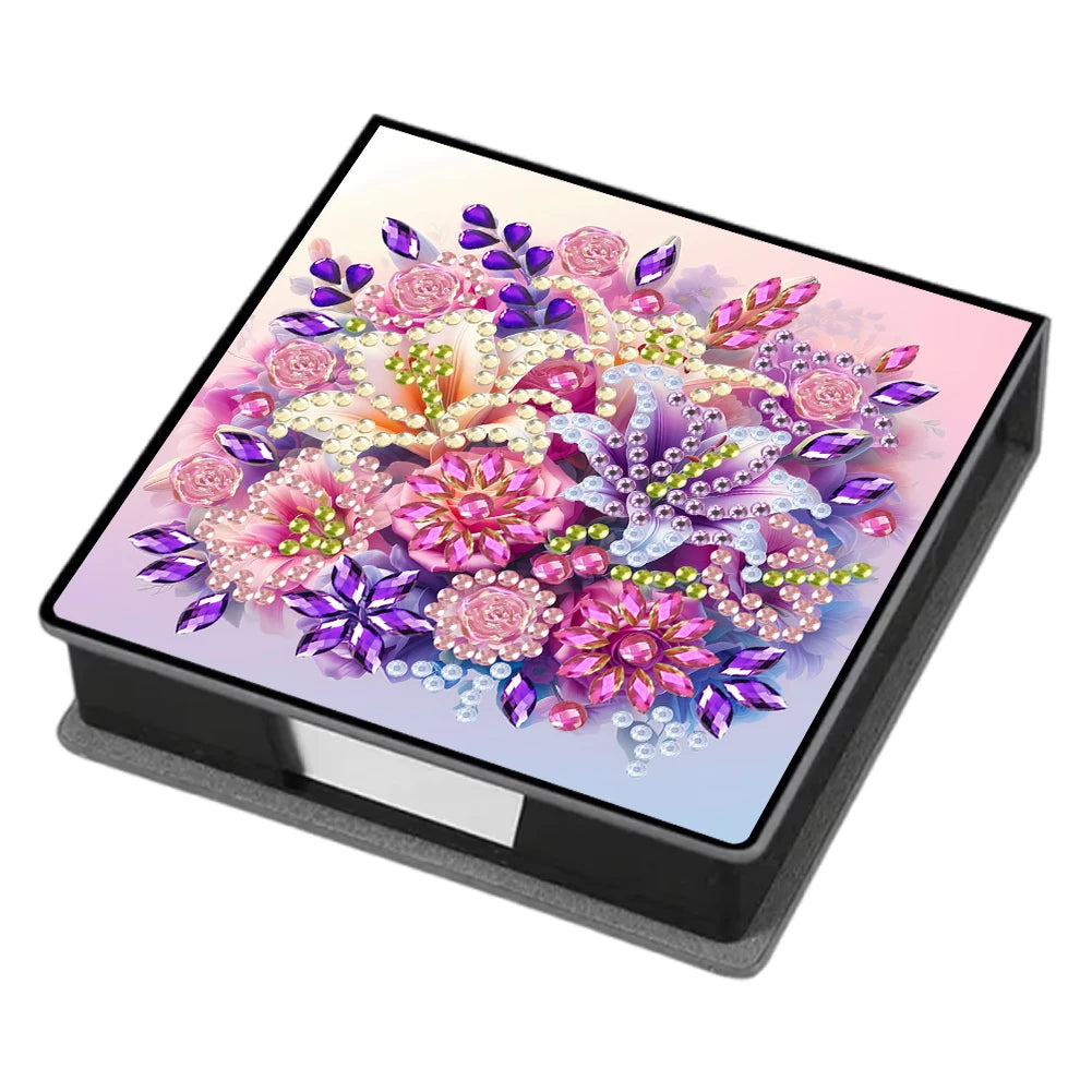 A box of leather diamond painting kit featuring a vibrant floral design with pink, purple, and white flowers.