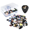 A clear plastic case holding numerous guitar picks in assorted thicknesses with a leather holder.