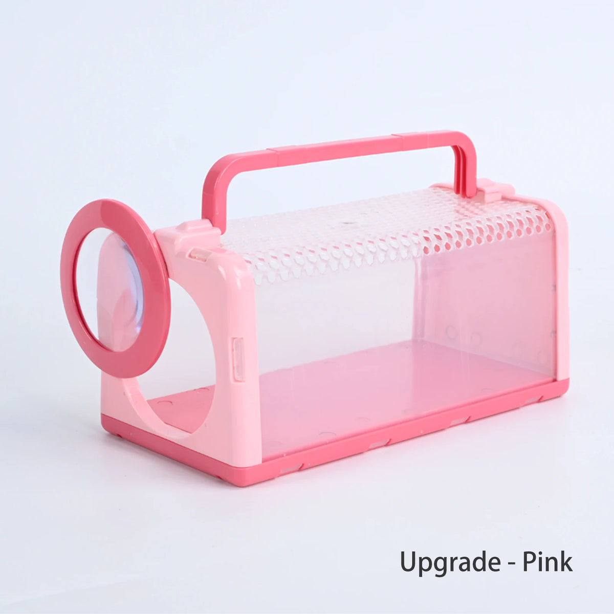Pink plastic insect catcher and observation cage with a circular viewing window