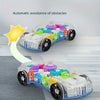 A white stunt car with colorful rotating parts is shown in motion, demonstrating automatic avoidance of obstacles.