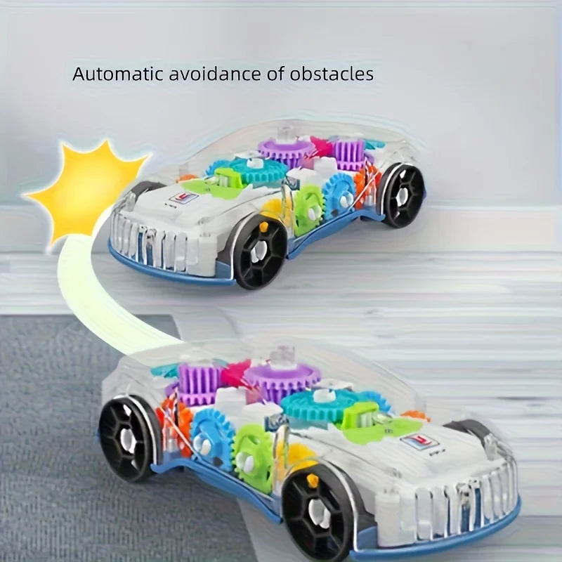 A white stunt car with colorful rotating parts is shown in motion, demonstrating automatic avoidance of obstacles.