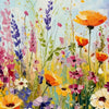 A vibrant diamond painting image featuring a field of purple, pink, and yellow wildflowers under a light blue sky.