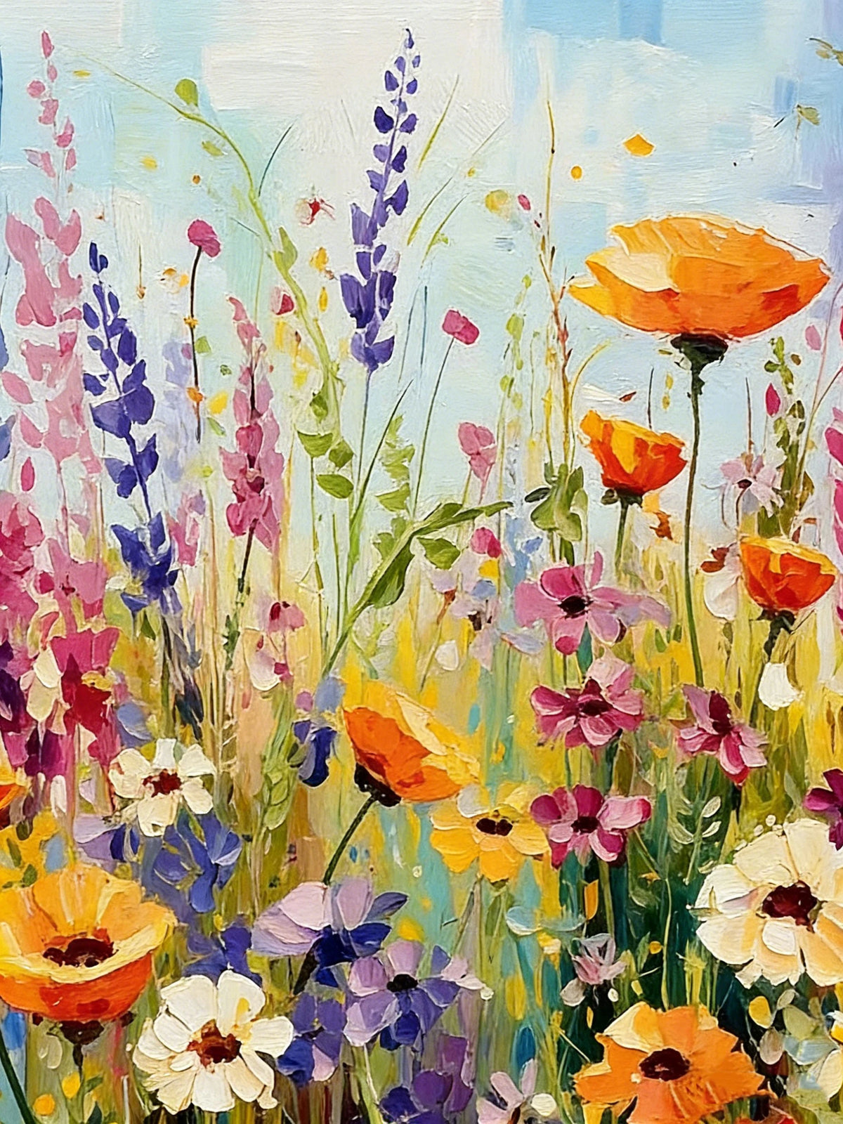 A vibrant diamond painting image featuring a field of purple, pink, and yellow wildflowers under a light blue sky.