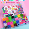 A clear plastic box containing a colorful set of rubber bands and loom bands for DIY bracelet making.