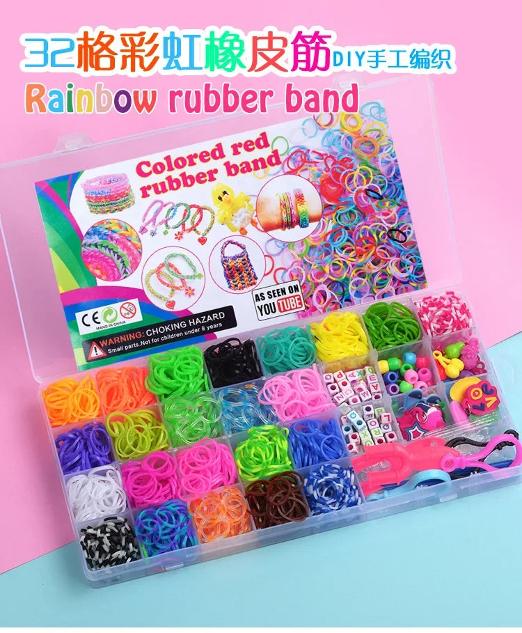 A clear plastic box containing a colorful set of rubber bands and loom bands for DIY bracelet making.