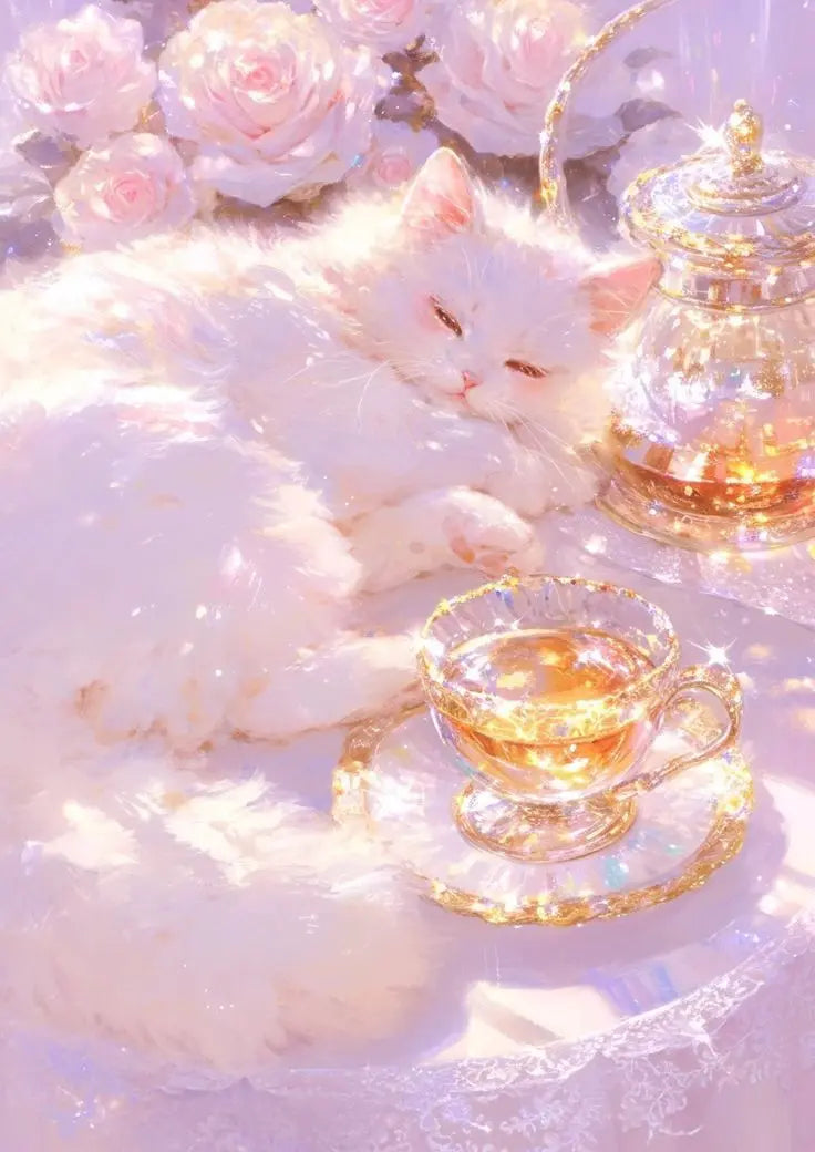 A fluffy white kitten rests on a pink surface next to a glass cup filled with golden liquid.