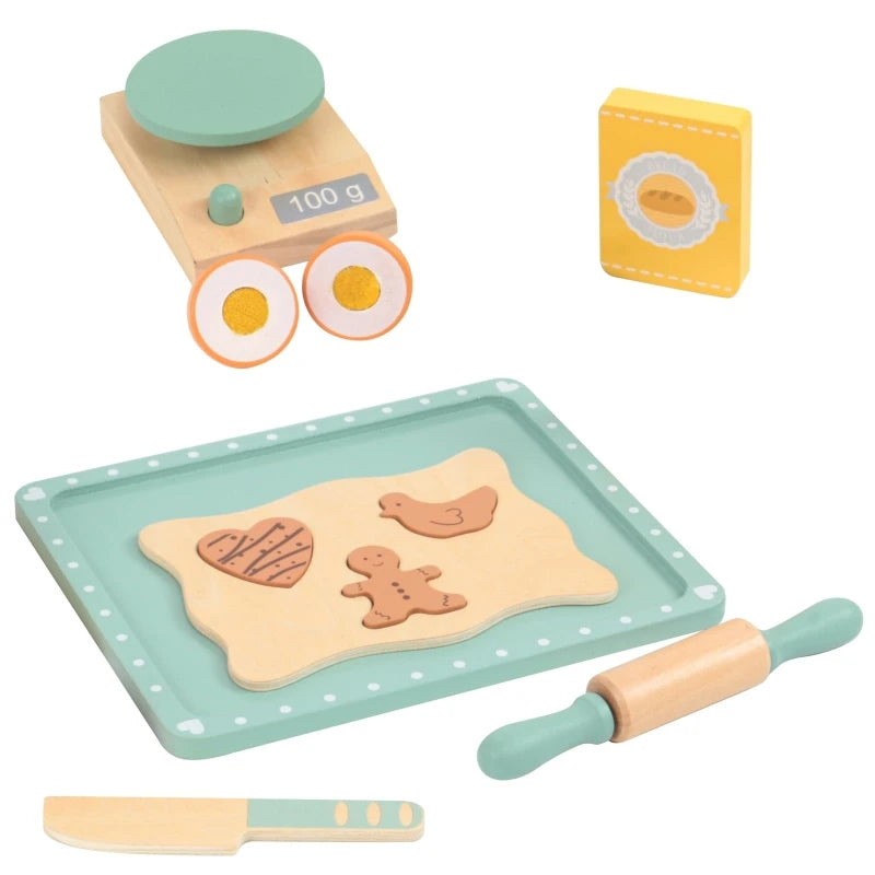 A wooden pretend play tea party set featuring a light green tray, a yellow card, and wooden food items.
