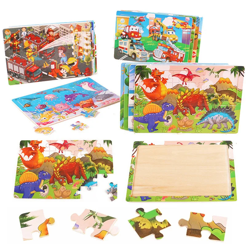 A set of wooden animal and vehicle tangram puzzles for kids featuring various colorful shapes and figures.