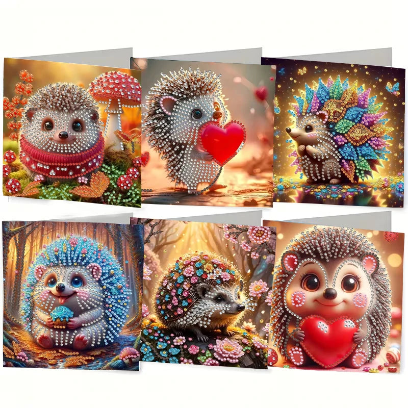 A set of diamond painting birthday cards featuring cute, sparkly animal designs like a hedgehog and a fox.