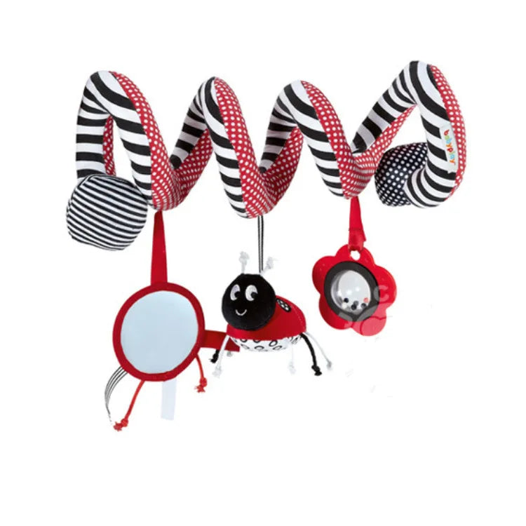 A colorful spiral sensory rattle toy featuring black and white stripes, designed for use in strollers and car seats.