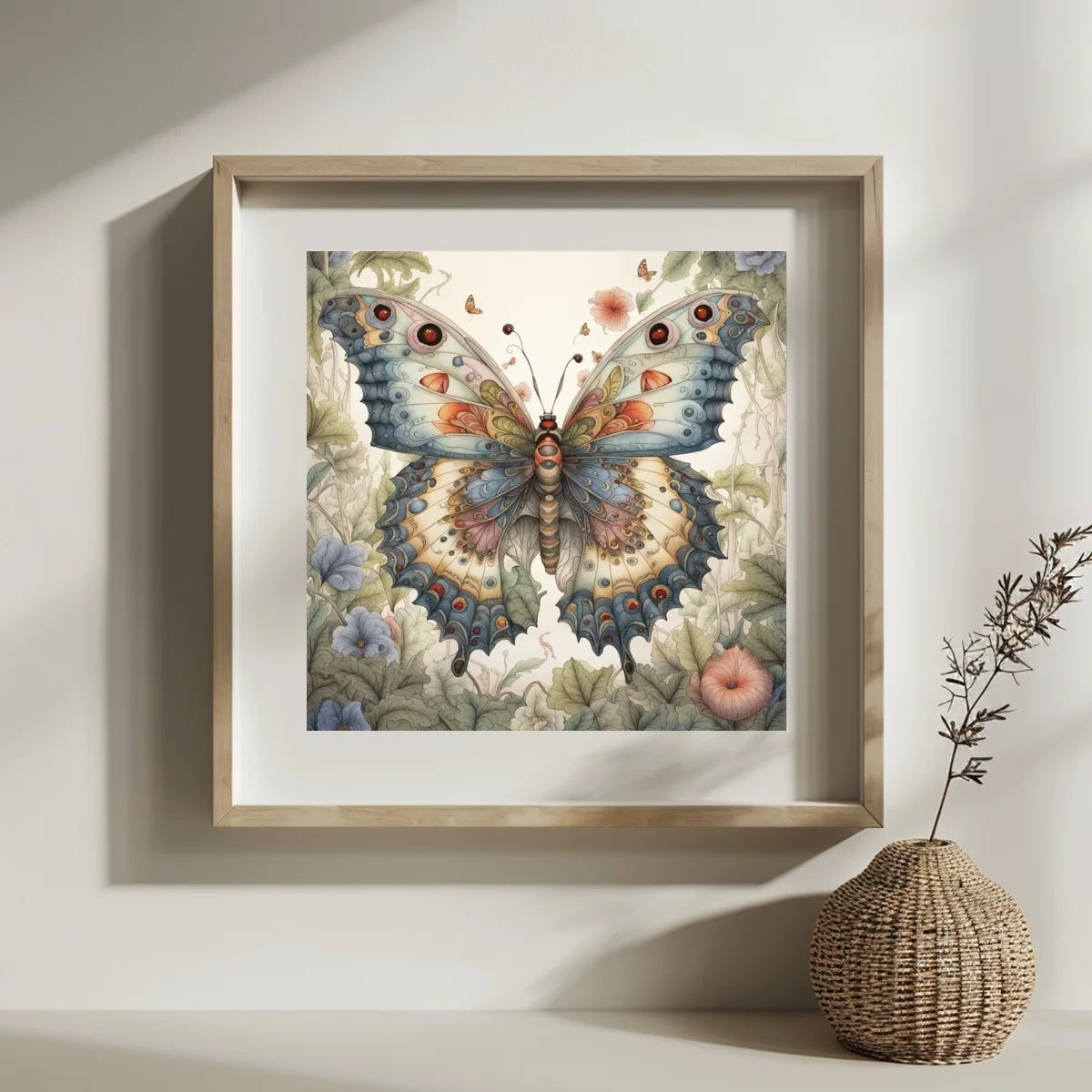 A framed watercolor painting of a butterfly in various shades of blue, green, and orange flowers.