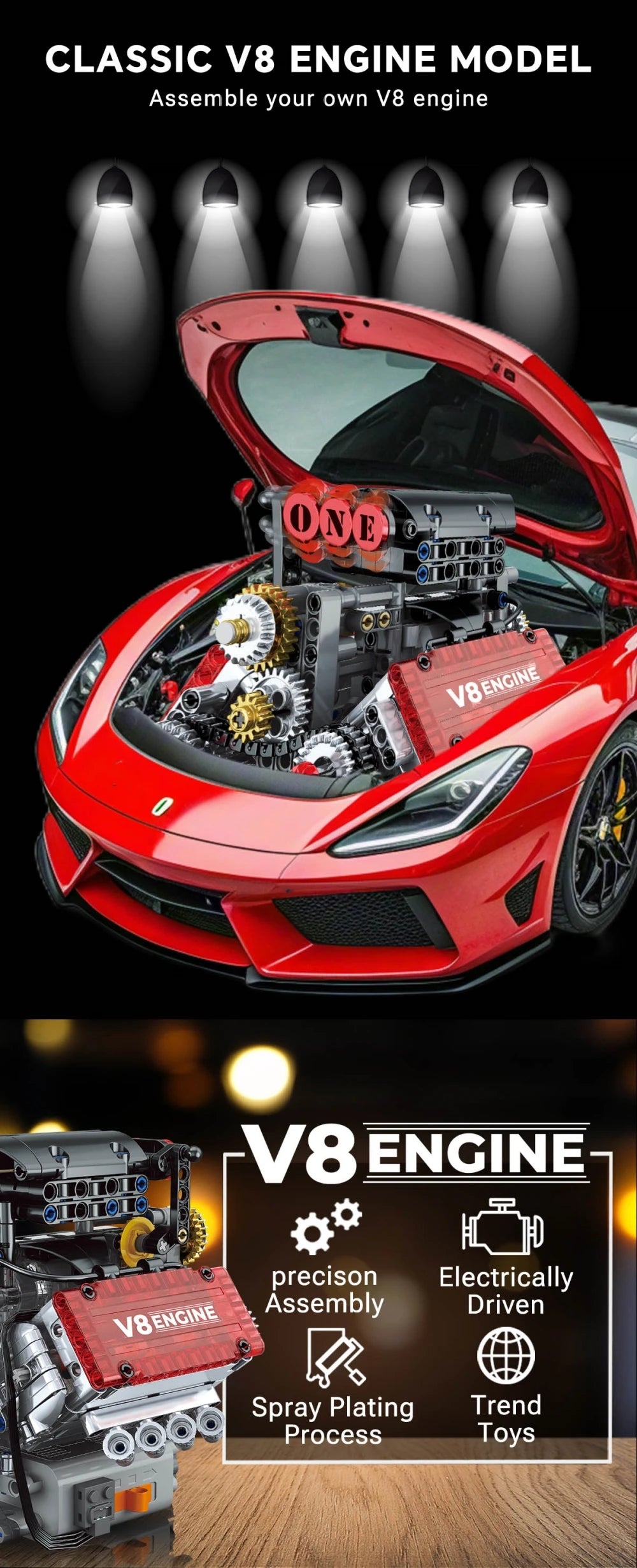 V8 Engine Model Building Kit with Electric Motor – 478 Pieces