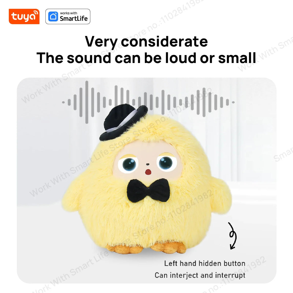 A yellow plush robot with black features is shown, featuring a hidden button for interjecting and interrupting.